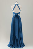 Dark Green A-Line Halter Long Bridesmaid Dress with Slit