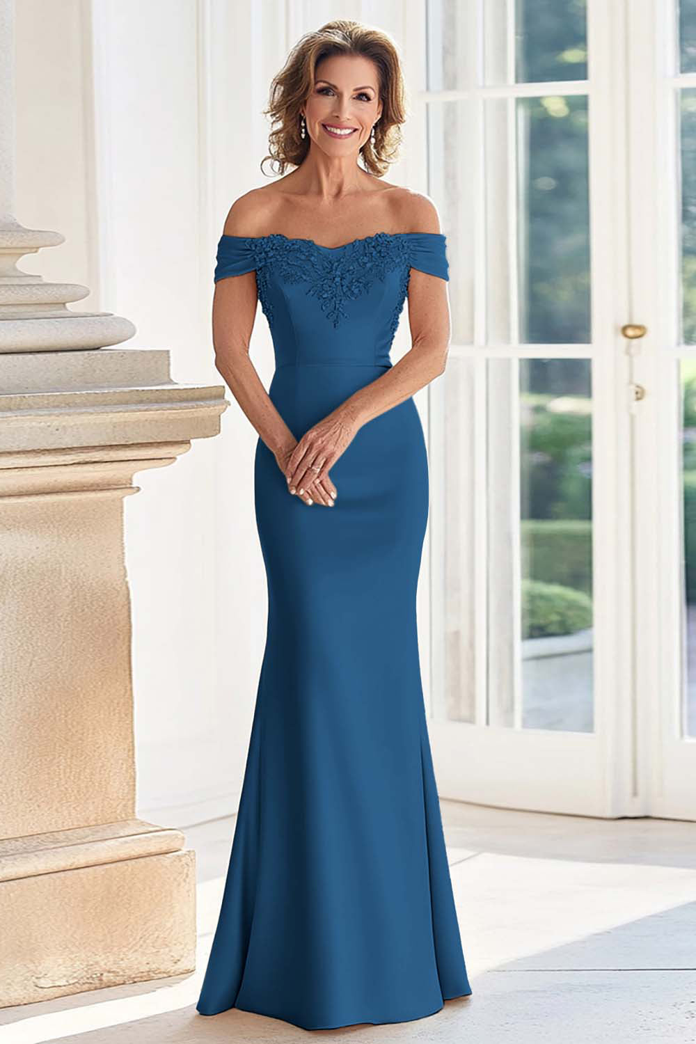 Dusty Rose Off the Shoulder Long Sheath Mother of the Bride Dress with Appliques