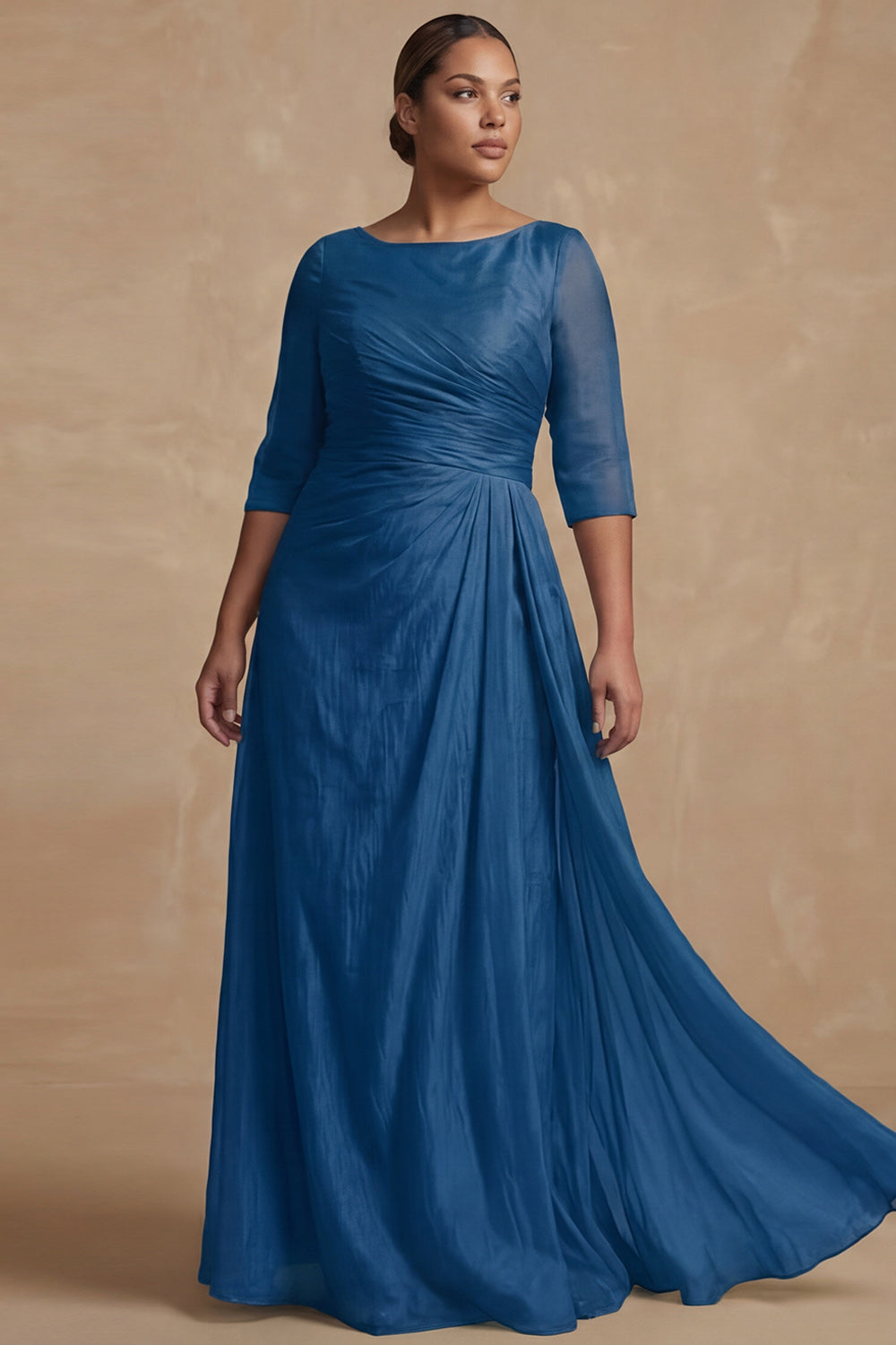 Dusty Sage Bateau Neck A Line Long Mother of the Bride Dress with Sleeves