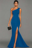 Black Mermaid One Shoulder Long Satin Formal Dress with Slit