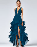 Black Deep V-Neck Tiered Long A Line Formal Dress with Slit