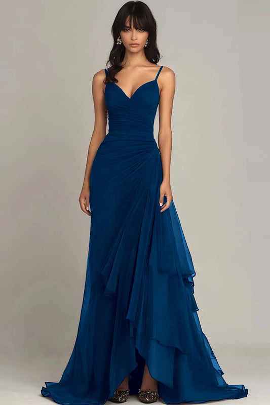 Ink Blue Sweetheart Ruched Chiffon Long Formal Dress with Ruffles