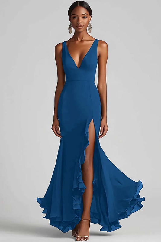 Ink Blue Chiffon V-Neck Ruffled Long Formal Dress with Slit