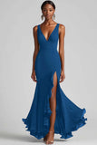 Ink Blue Chiffon V-Neck Ruffled Long Formal Dress with Slit