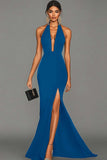 Black Mermaid Halter Neck Long Satin Formal Dress with Slit