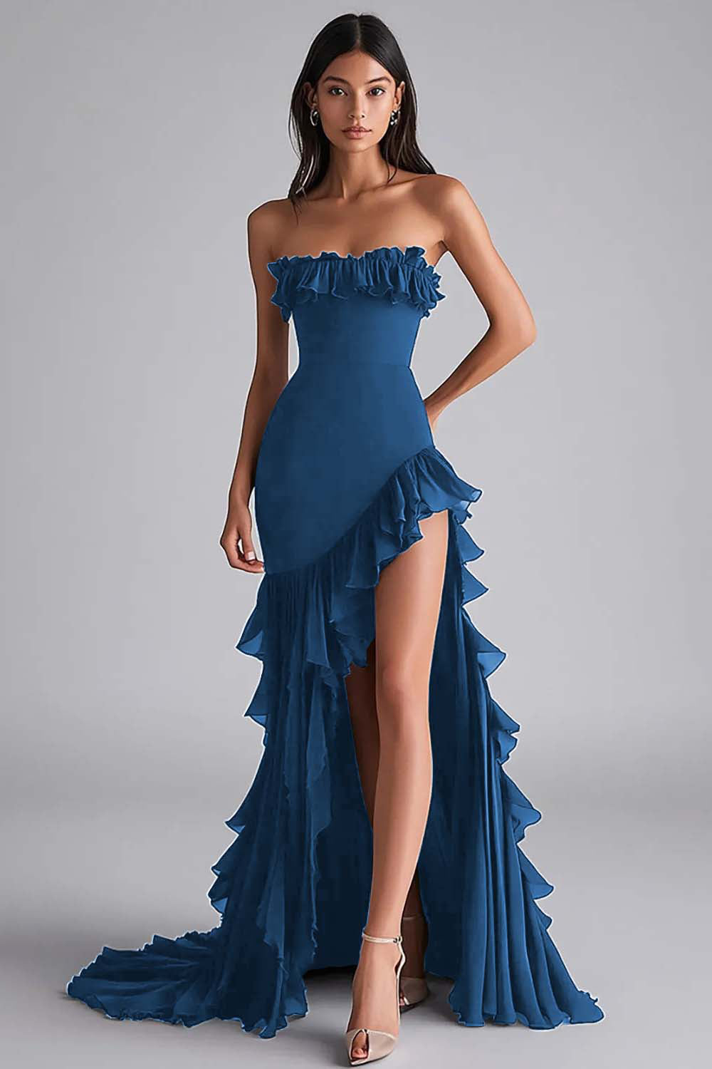 Strapless Black Tiered Long Square Neck Formal Dress with Slit