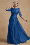 Dusty Sage Bateau Neck A Line Long Mother of the Bride Dress with Sleeves