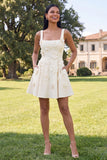 Blue Short Floral Square Neck A Line Homecoming Dress with Pockets