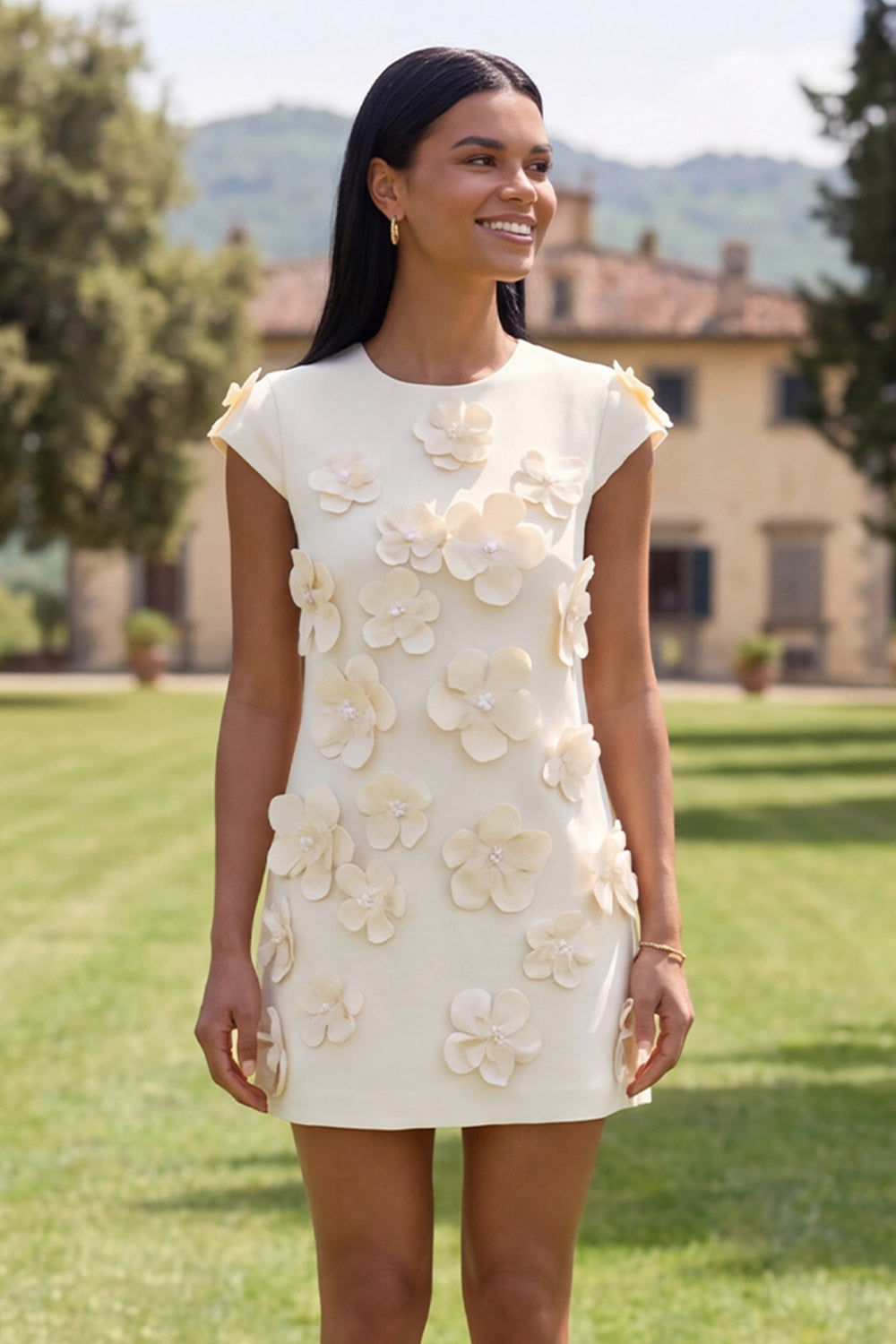 Butter Yellow Short Floral Round Neck Homecoming Dress with Sleeves