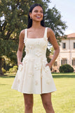 Blue Short Floral Square Neck A Line Homecoming Dress with Pockets