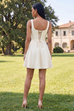 Blue Short Floral Square Neck A Line Homecoming Dress with Pockets