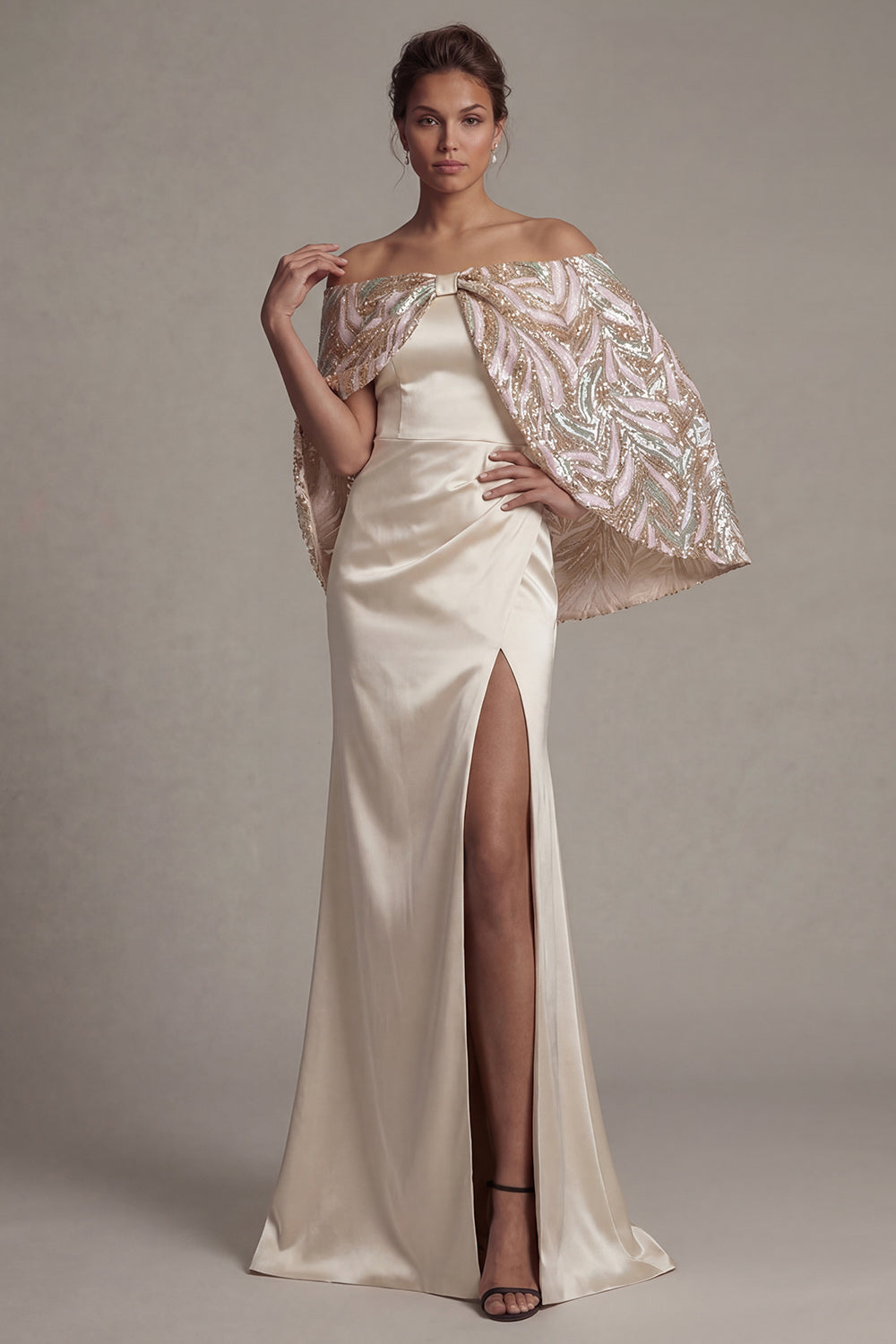 Long Sparkly Champagne Sequin Mermaid Mother of the Bride Dress with Cape