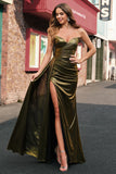 Sparkly Mermaid Sweetheart Golden Metallic Long Prom Dress with Slit