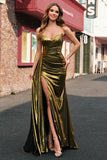 Sparkly Mermaid Sweetheart Golden Metallic Long Prom Dress with Slit