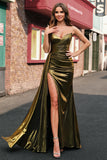 Sparkly Mermaid Sweetheart Golden Metallic Long Prom Dress with Slit