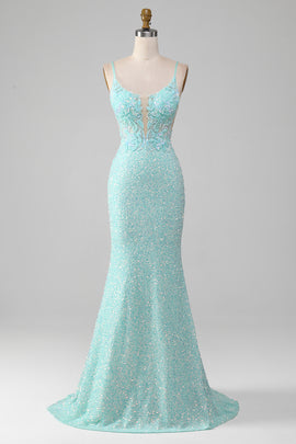 Sparkly Mermaid Light Green Prom Dress with Slit