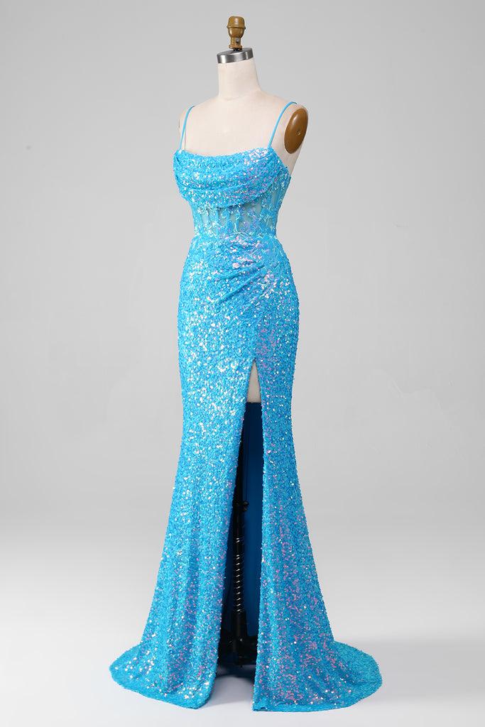 Spaghetti Straps Pleated Corset Long Dress With Slit Ocean Blue main image 1