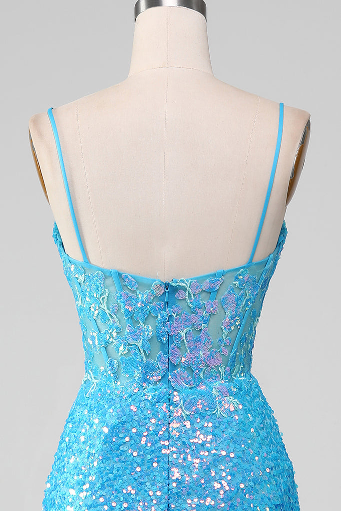 Sexy Spaghetti Straps Blue Slit Short Cocktail Dress Homecoming Dress cc3399 main image 1
