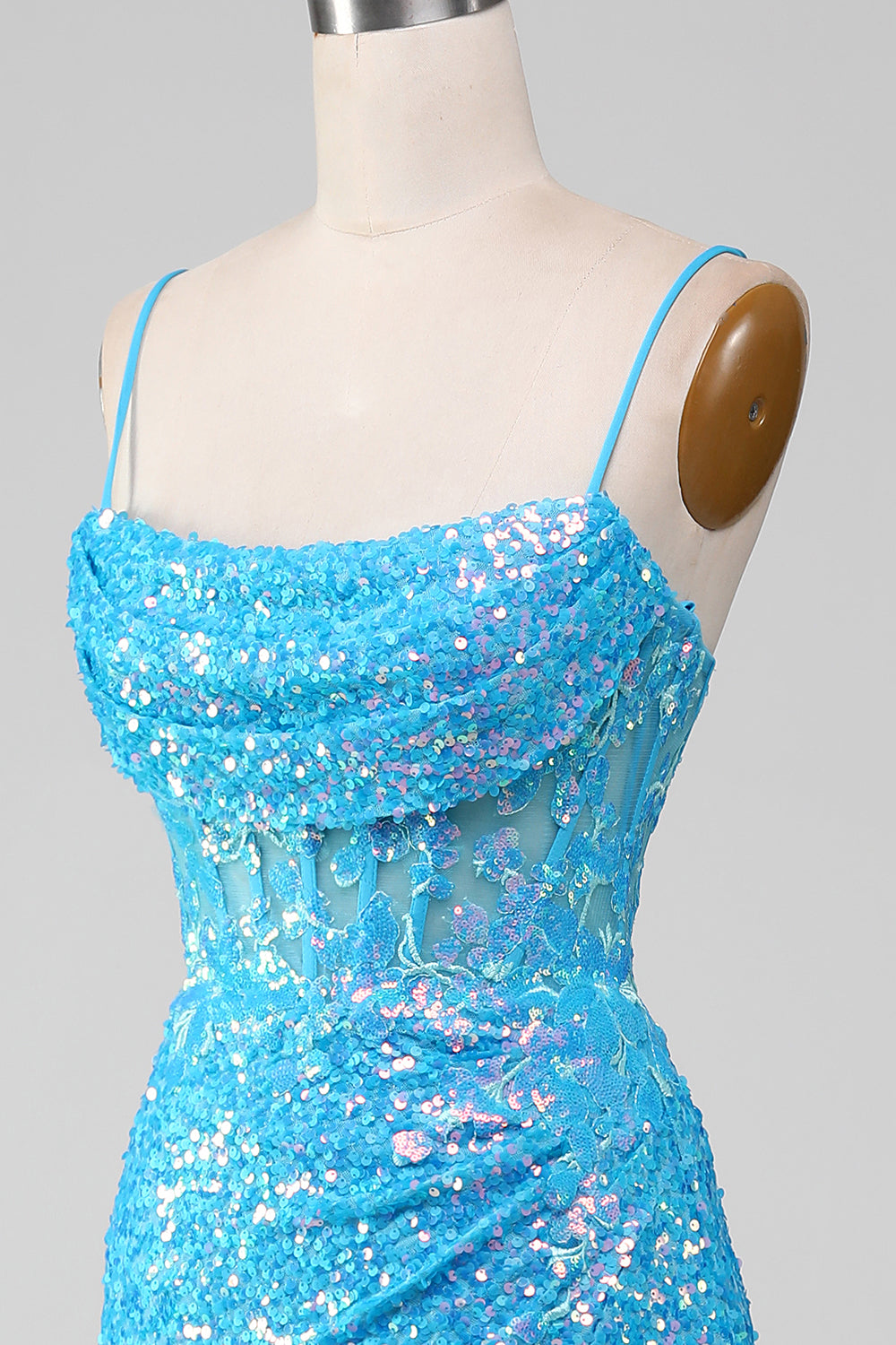 Spaghetti Straps Blue Sparkly Corset Prom Dress with Slit