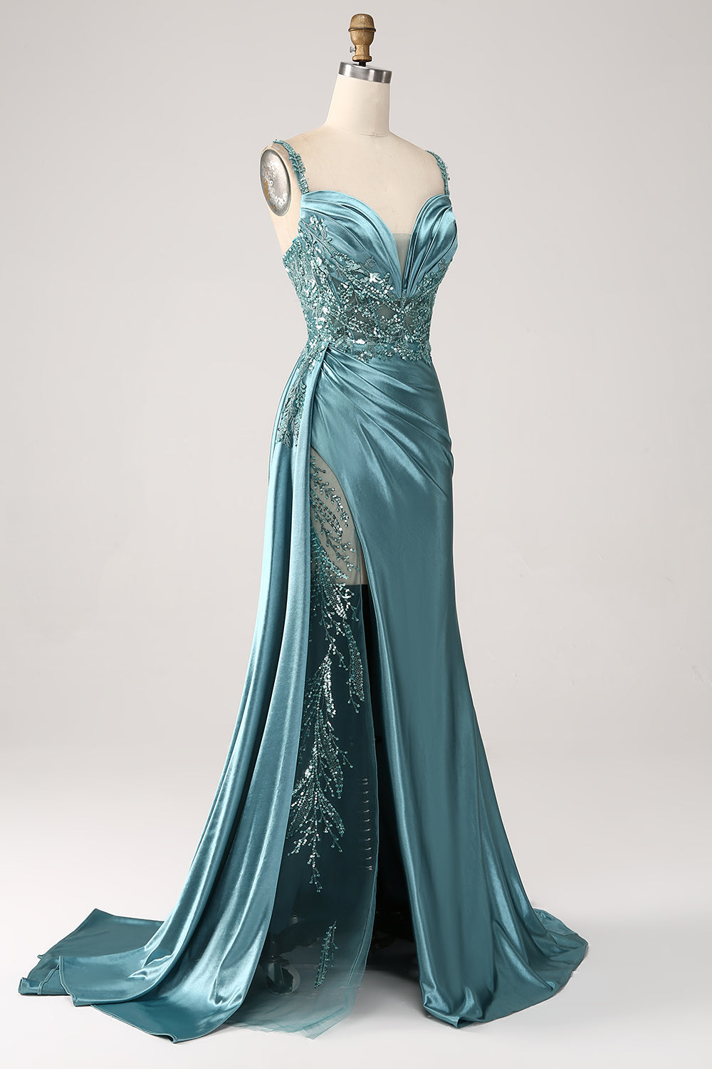 ZAPAKASA Women Sparkly Dark Green Long Prom Dress Mermaid Watteau Train Spaghetti Straps Corset Satin Evening Dress with Slit ZAPAKASA Women Sparkly Dark Green Long Prom Dress Mermaid Watteau Train Spaghetti Straps Corset Satin Evening Dress with Slit