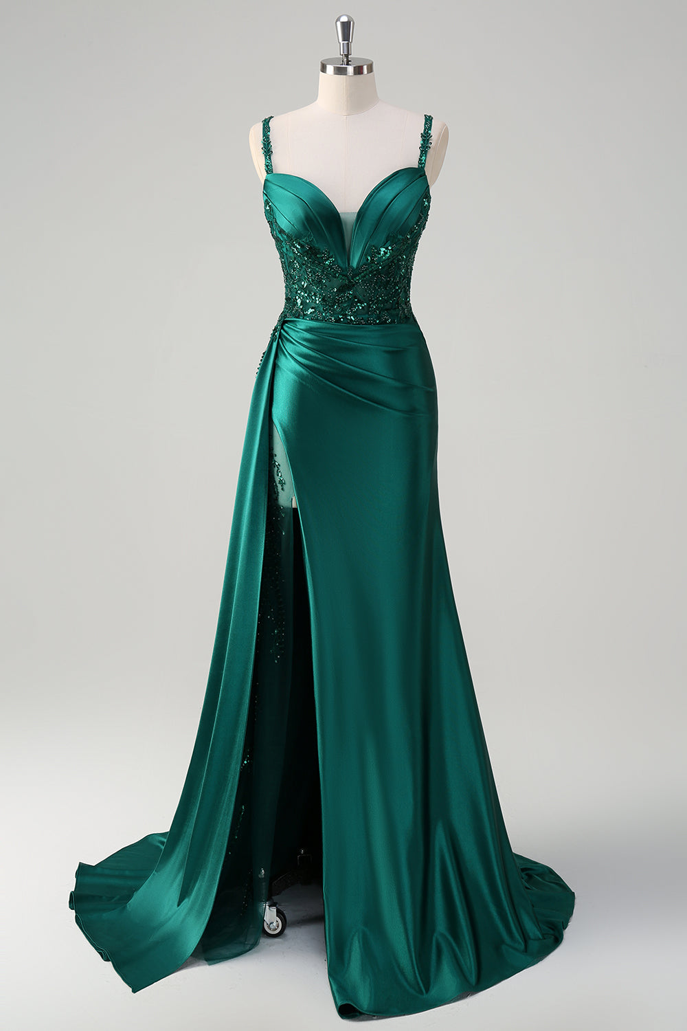 ZAPAKASA Women Sparkly Dark Green Long Prom Dress Mermaid Watteau Train Spaghetti Straps Corset Satin Evening Dress with Slit ZAPAKASA Women Sparkly Dark Green Long Prom Dress Mermaid Watteau Train Spaghetti Straps Corset Satin Evening Dress with Slit