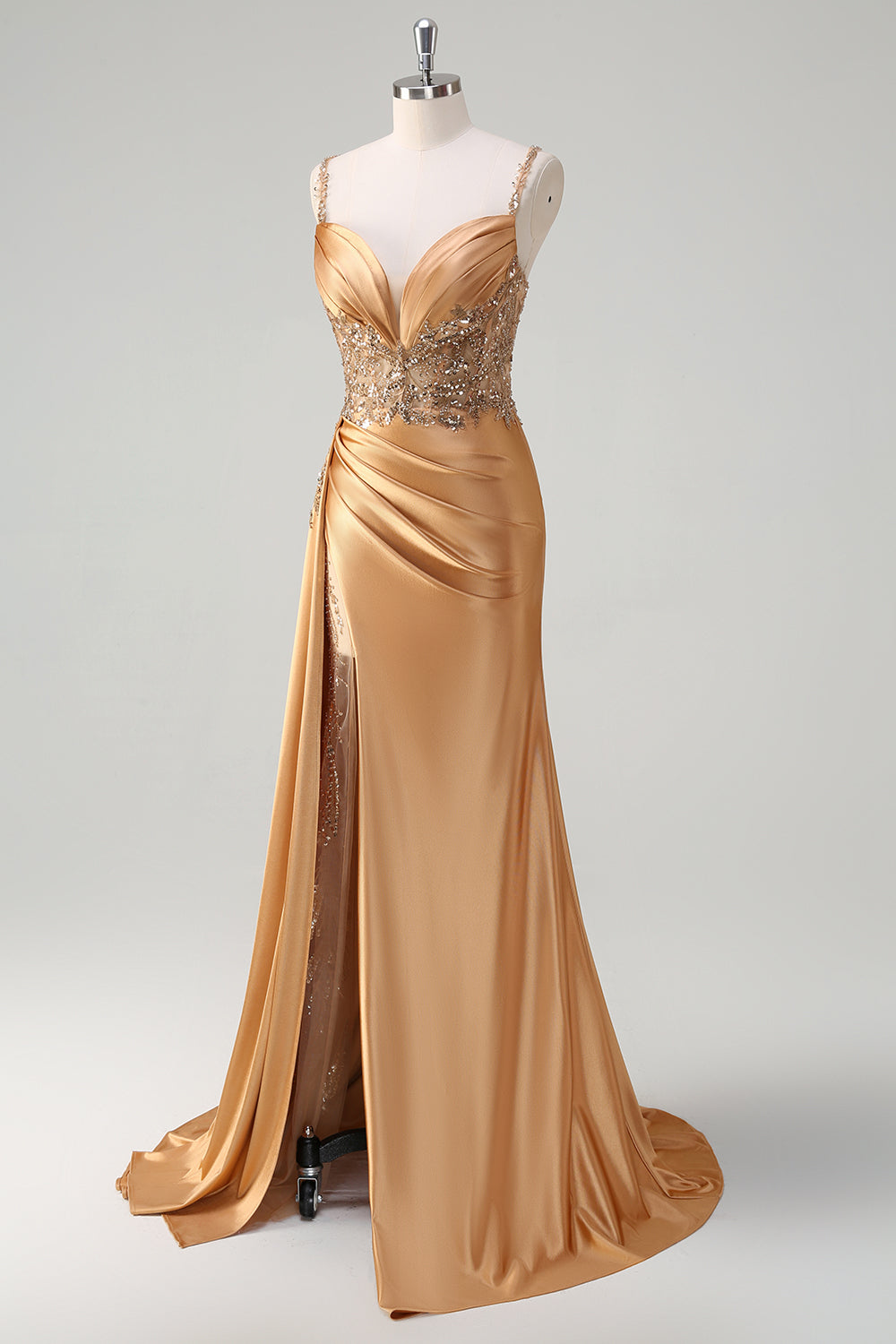 ZAPAKASA Women Sparkly Champagne Long Prom Dress Mermaid Watteau Train Spaghetti Straps Corset Satin Evening Dress with Slit ZAPAKASA Women Sparkly Champagne Long Prom Dress Mermaid Watteau Train Spaghetti Straps Corset Satin Evening Dress with Slit