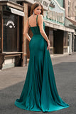 Sparkly Champagne Mermaid Watteau Train Corset Sequins Satin Prom Dress with Slit