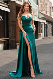 Sparkly Dark Green Mermaid Corset Satin Side Cape Prom Dress with Slit