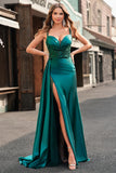 Sparkly Champagne Mermaid Watteau Train Corset Sequins Satin Prom Dress with Slit