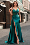 Sparkly Dark Green Mermaid Corset Satin Side Cape Prom Dress with Slit