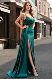 Sparkly Dark Green Mermaid Corset Satin Side Cape Prom Dress with Slit