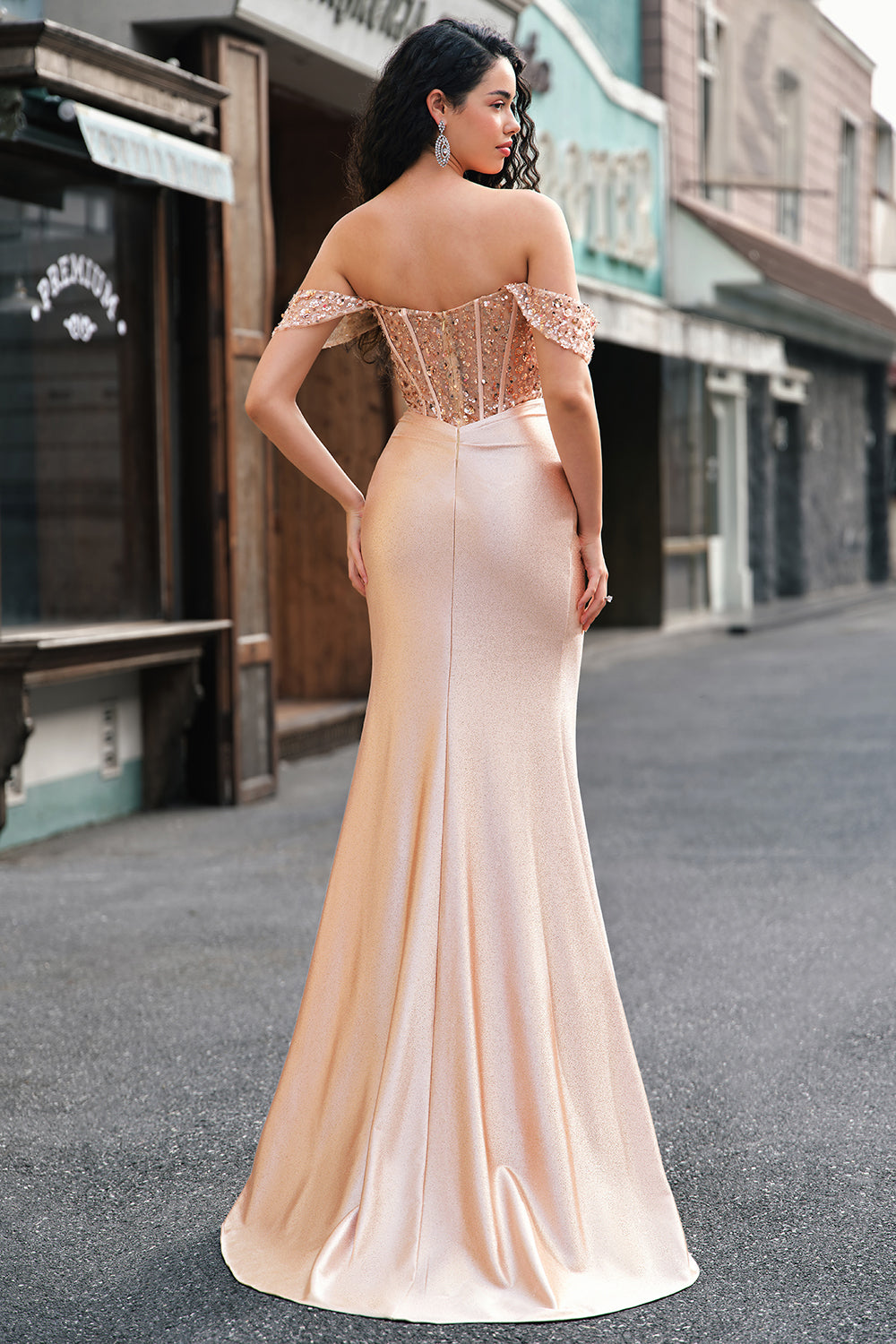 Zapakasa Women Champagne Corset Prom Dress with Slit Mermaid Off the