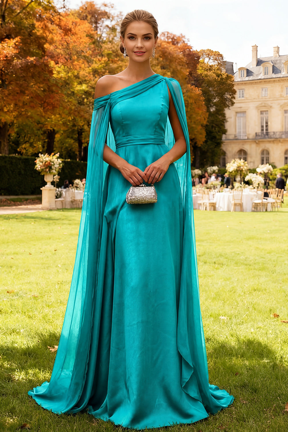 Dark Green One Shoulder Chiffon Long Wedding Guest Dress with Cape