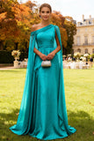 Dark Green One Shoulder Chiffon Long Wedding Guest Dress with Cape
