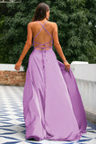 Fuchsia Backless Satin Prom Dress