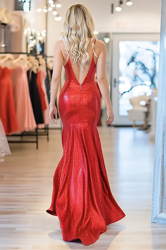 Sparkly Red Sweetheart Bodycon  Sequined Long Prom Dress With Slit
