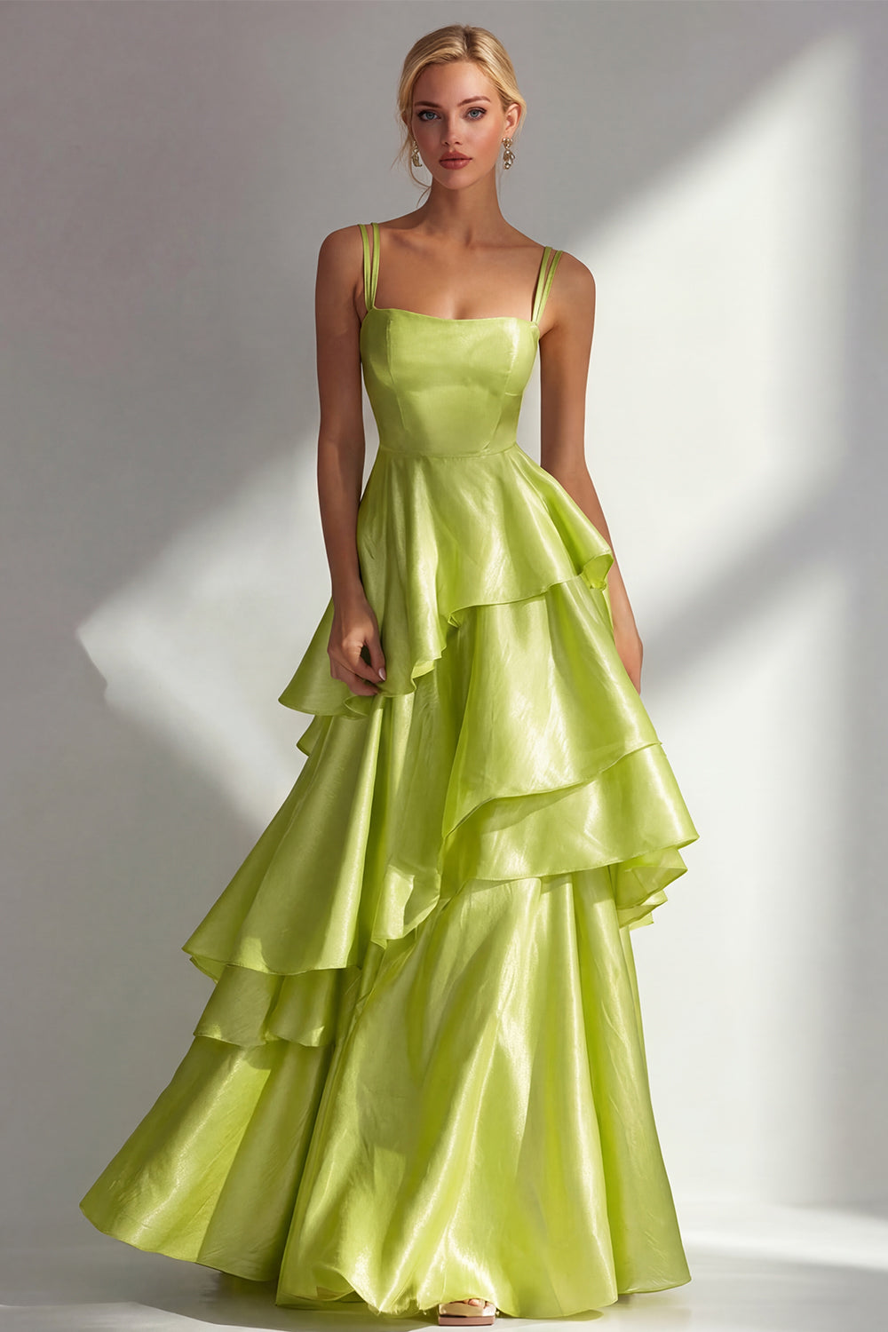 Light Blue A Line Ruffled Square Neck Long Wedding Guest Dress