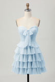 Light Yellow Sweetheart Ruched Ruffled Short Homecoming Dress with Bow