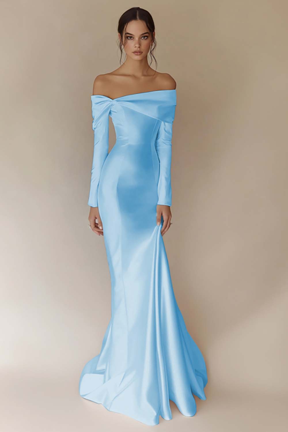 White Satin Off the Shoulder Long Sleeves Rehearsal Dinner Dress