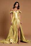 Sparkly Golden A Line Metallic Off the Shoulder Long Prom Dress with Slit