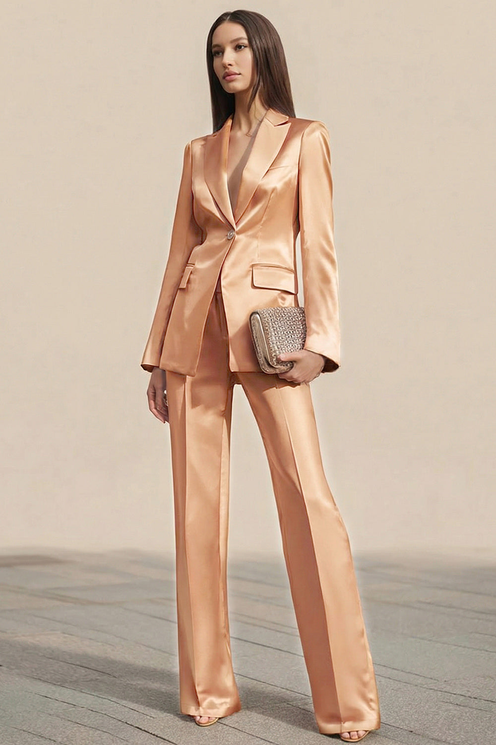 Dusty Rose 2 Piece Satin One Button Business Suits with Sleeves