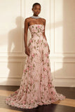 Purple Strapless A Line Floral Corset Long Prom Dress