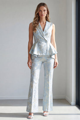 2 Piece Light Blue Jacquard Double Breasted Shawl Lapel Work Suits