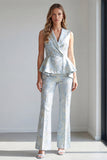 2 Piece Light Blue Jacquard Double Breasted Shawl Lapel Work Suits