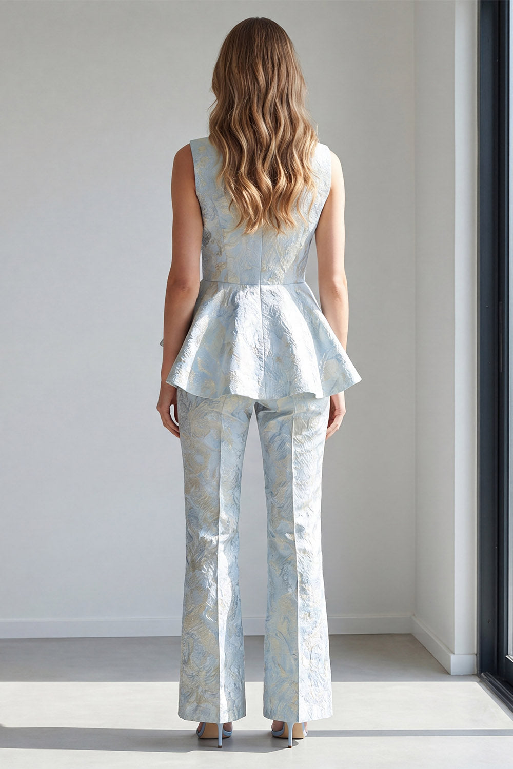 2 Piece Light Blue Jacquard Double Breasted Shawl Lapel Work Suits