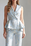 2 Piece Light Blue Jacquard Double Breasted Shawl Lapel Work Suits