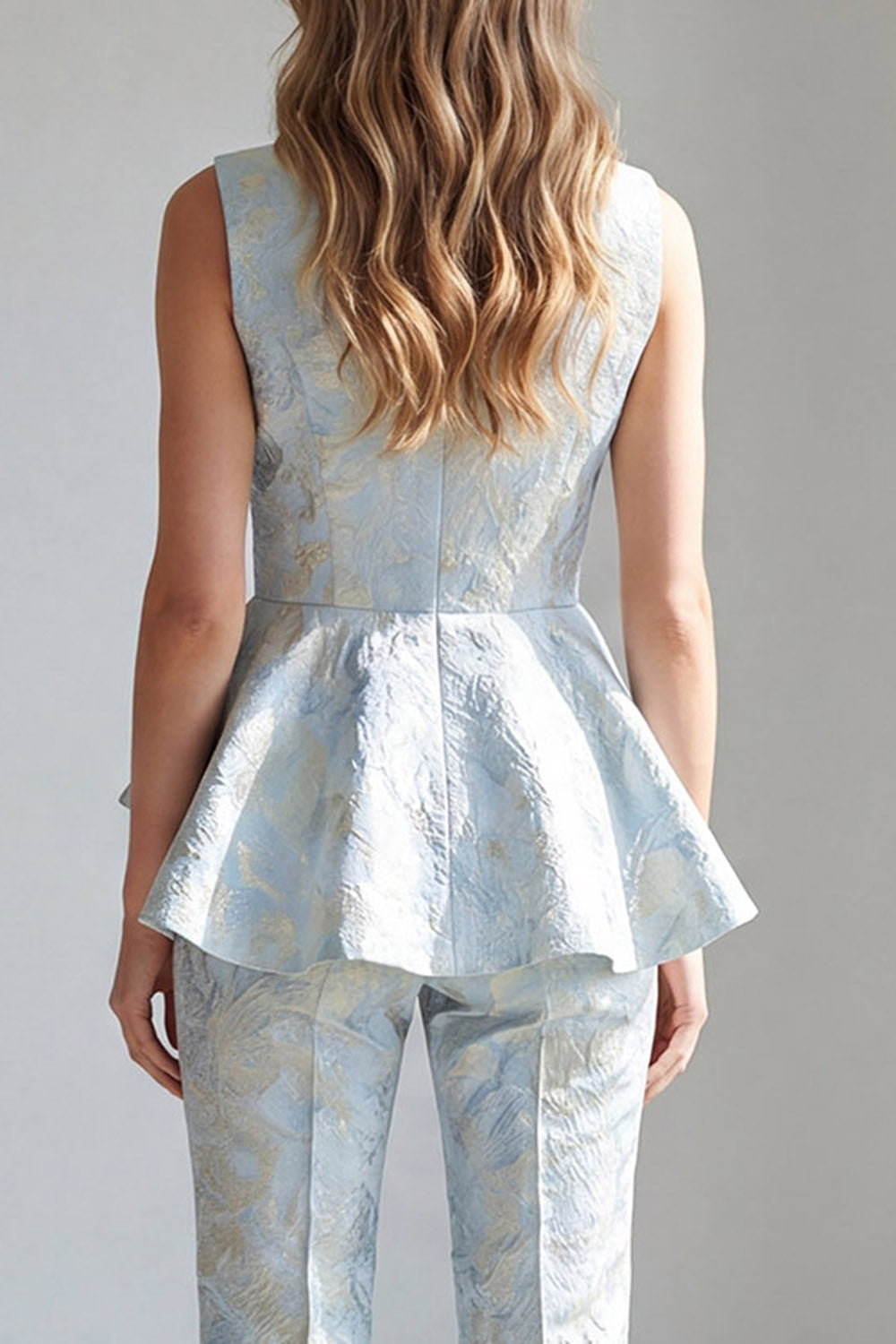 2 Piece Light Blue Jacquard Double Breasted Shawl Lapel Work Suits