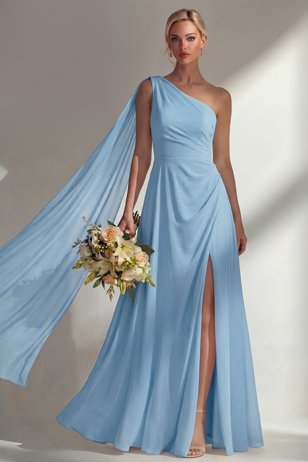 One Shoulder Ruched Burgundy A Line Long Beach Bridesmaid Dress with Side Cape