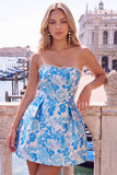 Yellow Flower Jacquard A-Line Short Homecoming Dress with Bow