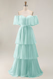White Chiffon Tiered Off the Shoulder Boho Sweep Train Wedding Dress